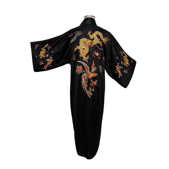 Golden Dragon Embroidered Satin Robe – Vintage Black Kimono with Dragon & Phoeni - Picture 2 of 7